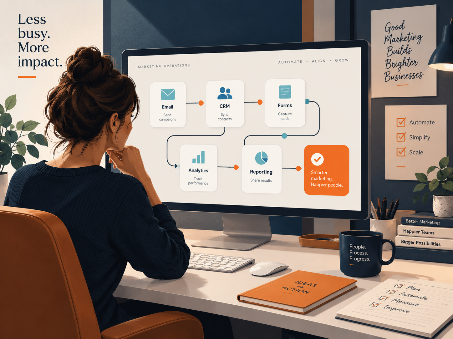 Poste de travail illustrant des workflows marketing automatisés